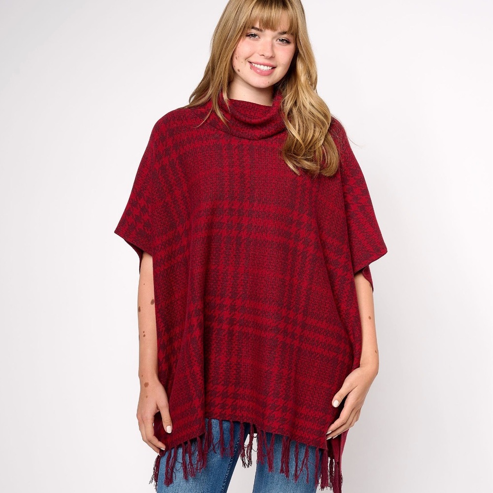 Denim & Co. Plaid Jacquard Cowl Neck Poncho with Fringe Hem